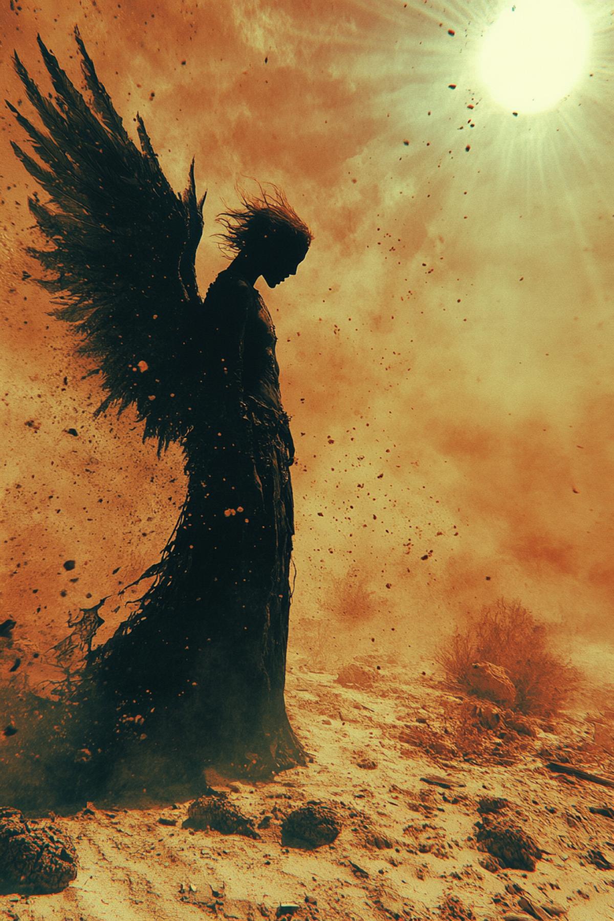 Film frame style, post-apocalyptic futurism, angel of death standing in a sandstorm, intricate rags-to-riches clothing, sharp focus, intricate details, bright bokeh, wide shot, dark and orange tones, wabi-sabi art, abstract punk art, random textures and graffiti strokes, surrealism, artwork, impermanent, with multiple colors and atmospheric sandy haze, dynamic perspective