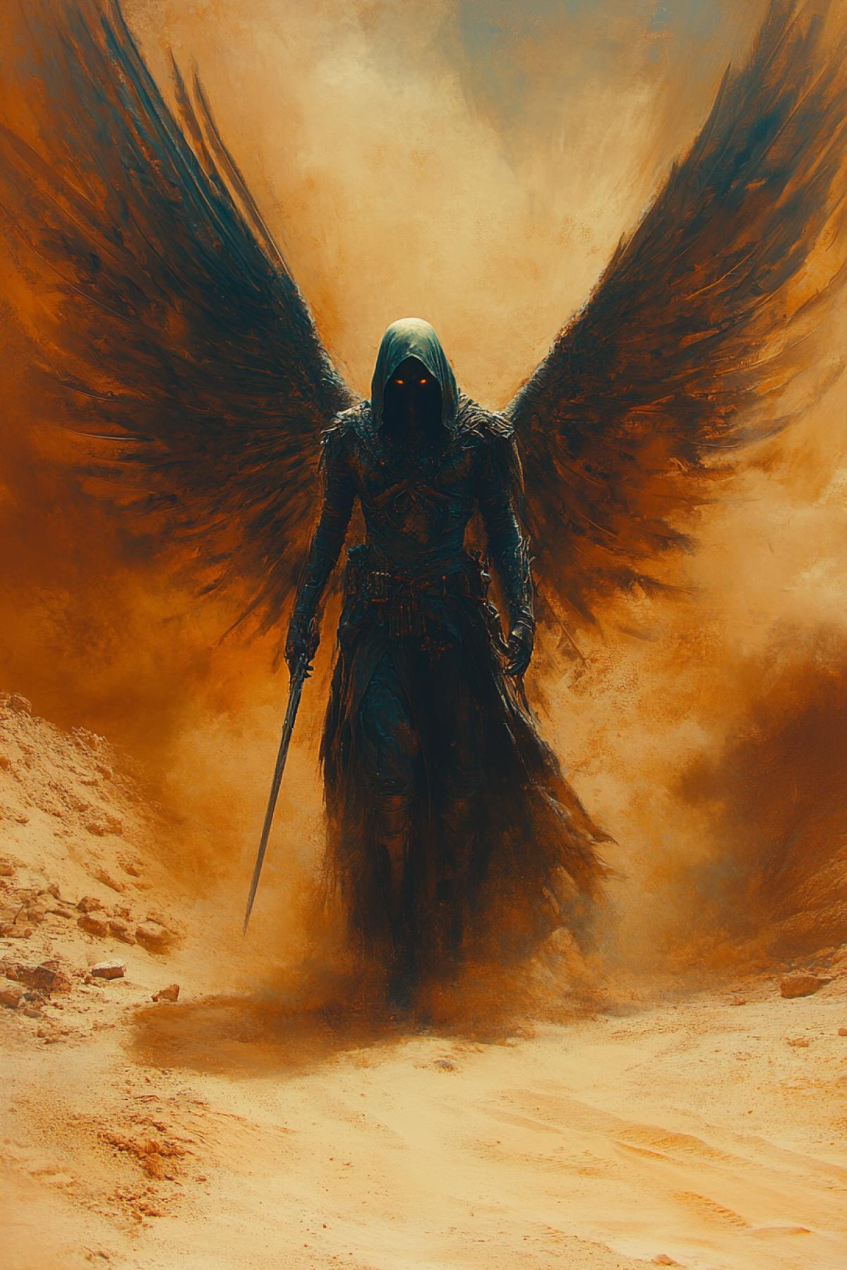 Film frame style, post-apocalyptic futurism, angel of death standing in a sandstorm, intricate rags-to-riches clothing, sharp focus, intricate details, bright bokeh, wide shot, dark and orange tones, wabi-sabi art, abstract punk art, random textures and graffiti strokes, surrealism, artwork, impermanent, with multiple colors and atmospheric sandy haze, dynamic perspective