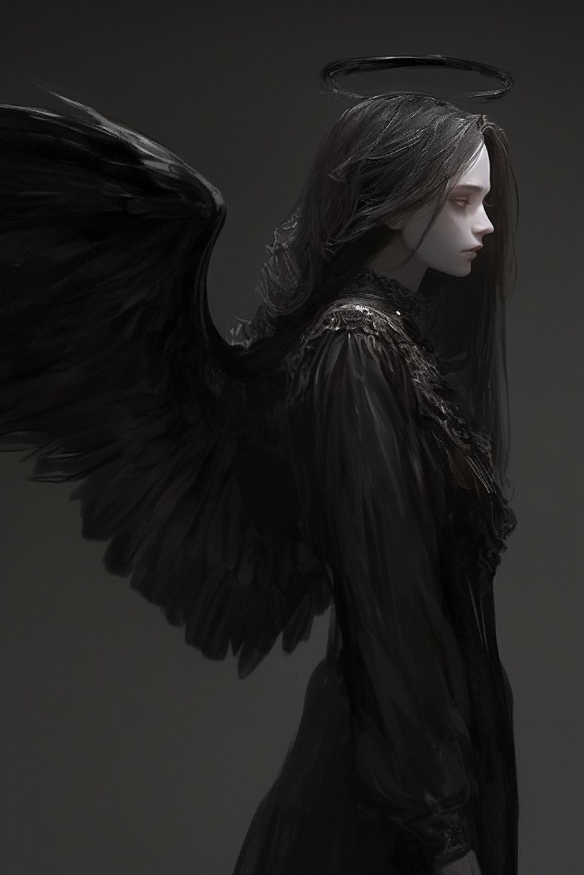 beautiful angel of death, dark halo, dark wings, dark hair, white shining eyes, solid dark background, side view, dark and white image, beautiful horror style, mysticism