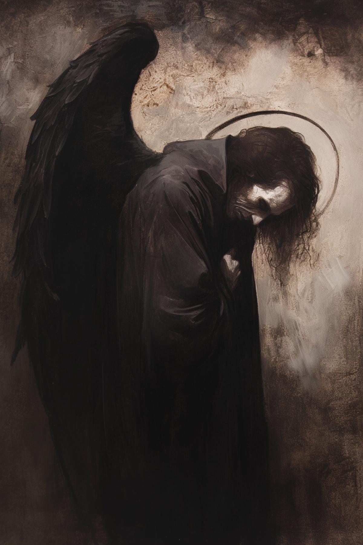 beautiful man angel of death, dark halo, head down, slight smile, dark wings, dark hair, white shining eyes, solid dark background, dark and white image, beautiful horror style, mysticism, sad look, pastel drawing, dark fantasy, by Stefan Koidl, michelangelo style