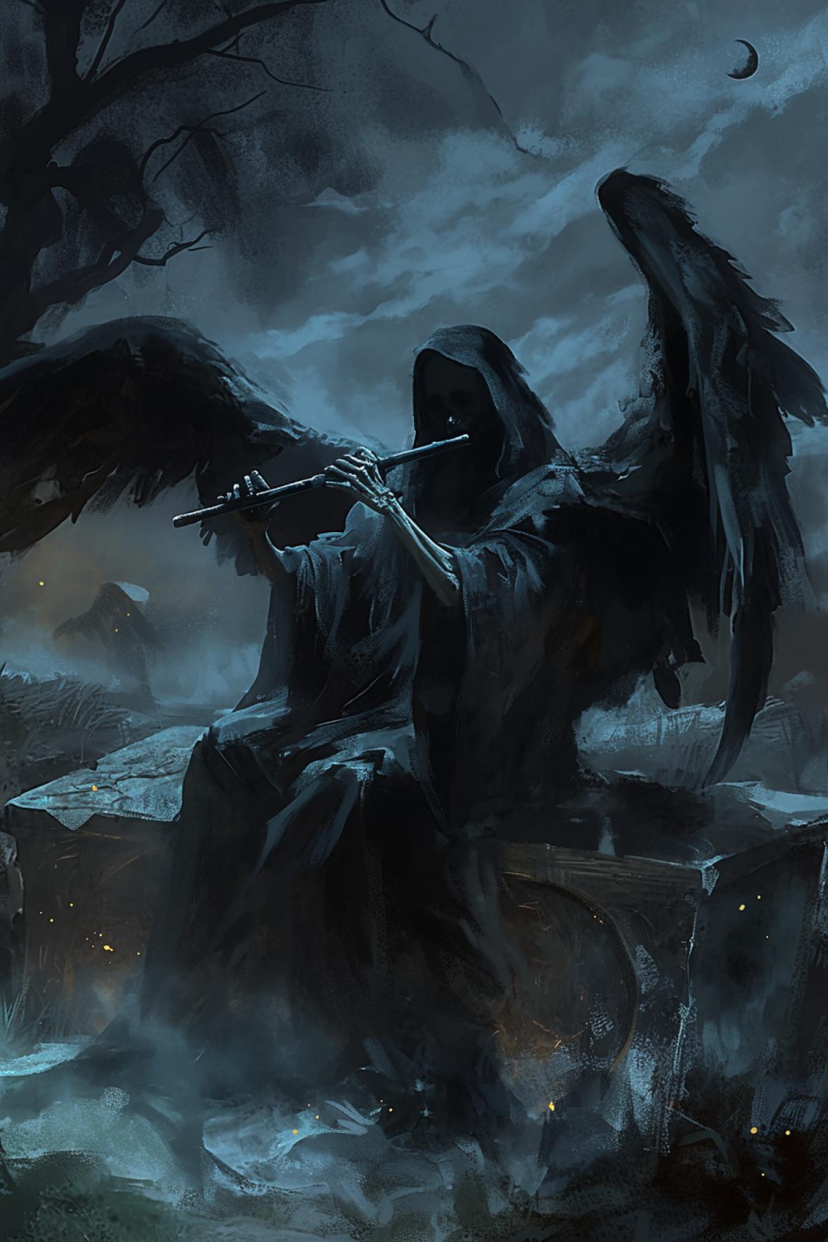 angel of death plays dark bone flute, dark wings, dark halo, dark robe, sits on gray stone, night, weak moonlight, white shining eyes, night, light fog, horror style, dark fantasy, by Jakub Rozalski,Keith Thompson, close up