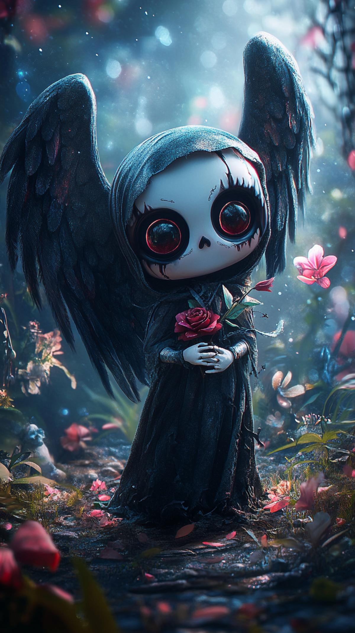 Very cute Angel of Death in kawaii style, high photorealism, contrast lighting