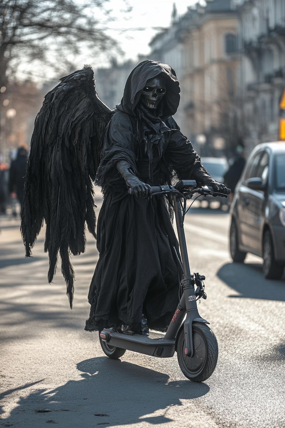 Angel of Death on an electric scooter, stylish photo