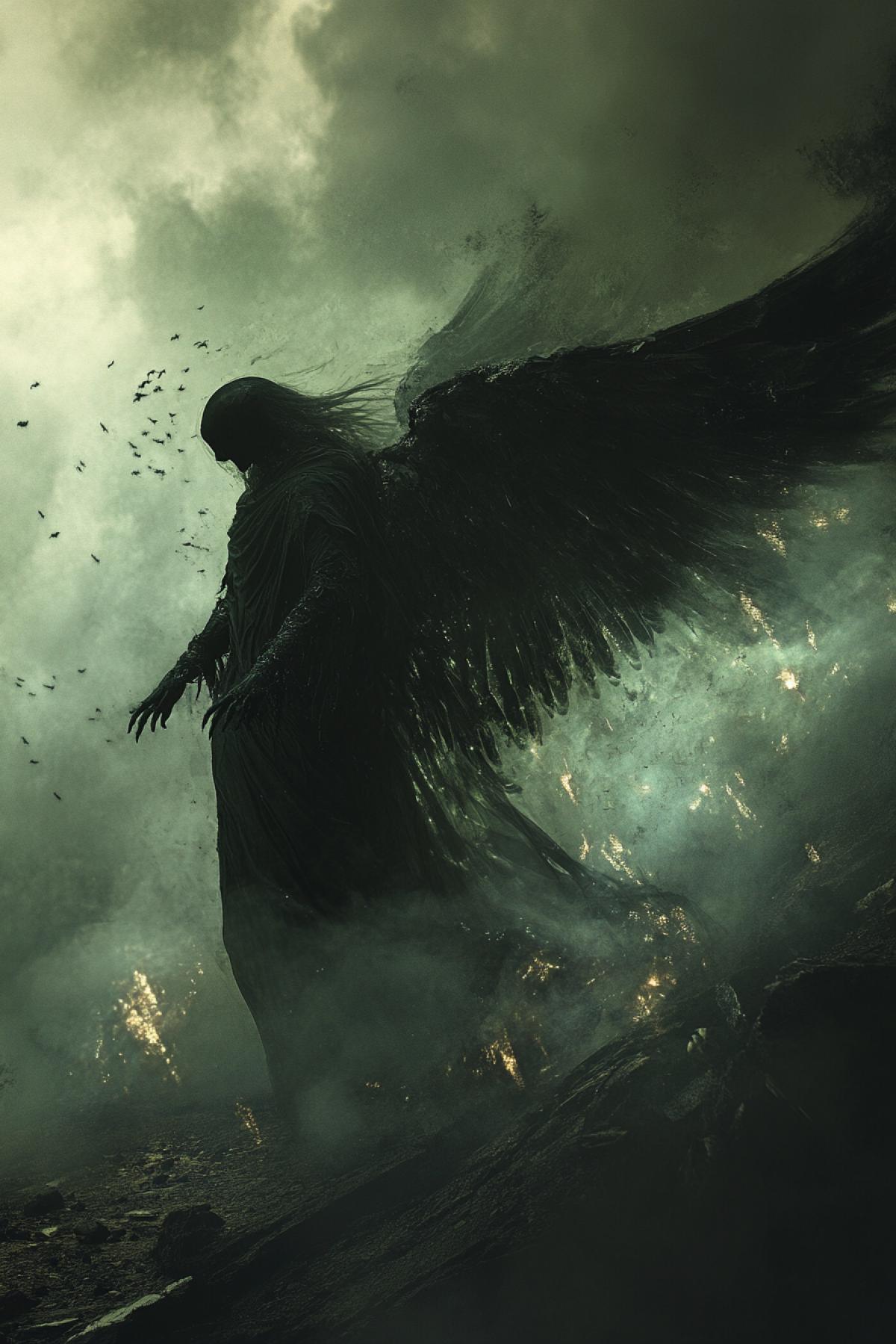 The angel of death, whose wings consist of darkness, enveloping the space around him like fog. Instead of the traditional image, his hands gently touch souls, which turn into luminous threads that slowly fly away into the sky. His appearance is majestic, but not frightening, rather reminiscent of a smooth transition between worlds.