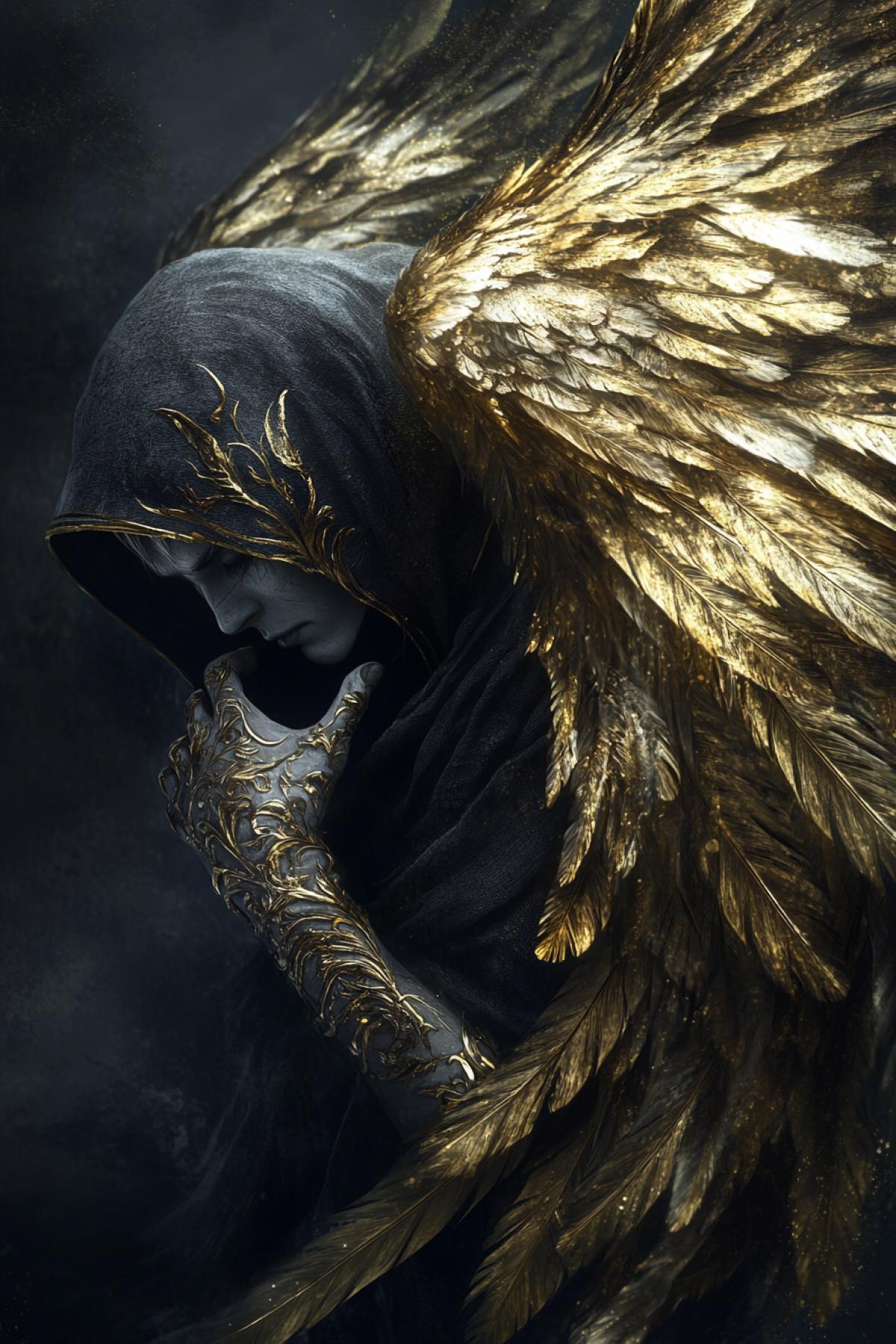 The Angel of Death in the form of a beautiful but sad creature, his face half hidden under a hood. His wings are a multitude of fine golden feathers, each of which symbolizes a lost soul. With his hand, he gently touches the dying, filling their last moments with peace, and his gaze reflects pain and compassion at the same time.