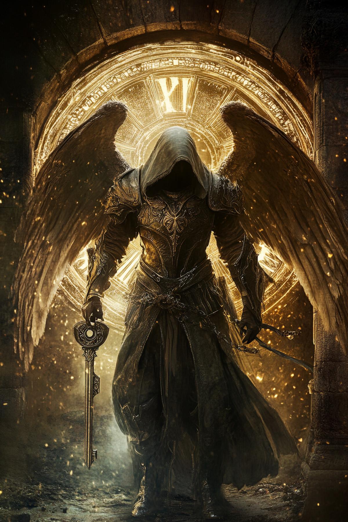 The angel of death, dressed in armor that consists of constantly moving grains of sand of time. His wings slowly disappear and reappear like a clock counting down. He holds in his hands an ancient sand key, with which he opens the gate between life and death. Behind him can be seen a time vortex, absorbing souls.