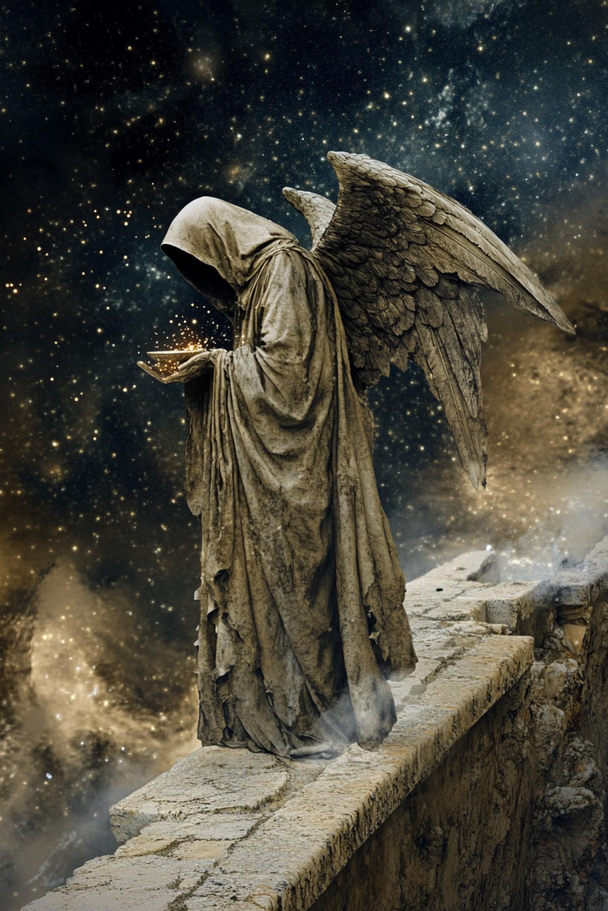 The Angel of Death is depicted standing on a bridge between worlds, which consists of twinkling stars. His long cloak crumbles into cosmic dust with every movement. In his hands is a cup filled with souls, shining like stars, which he carefully sends into the eternal darkness of space.