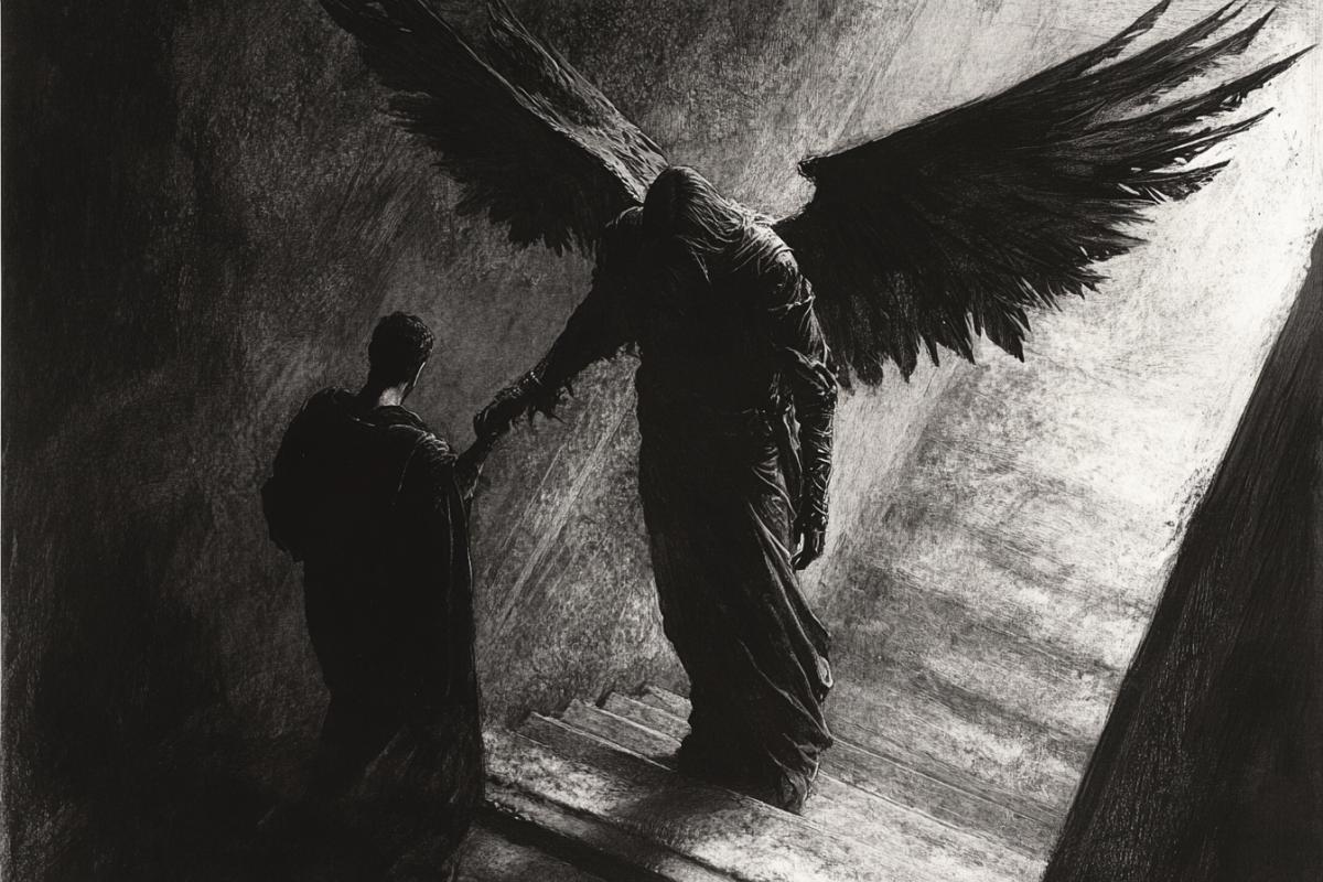 An angel in a dark robe with ominous dark wings leads a man with his hand down a dark staircase