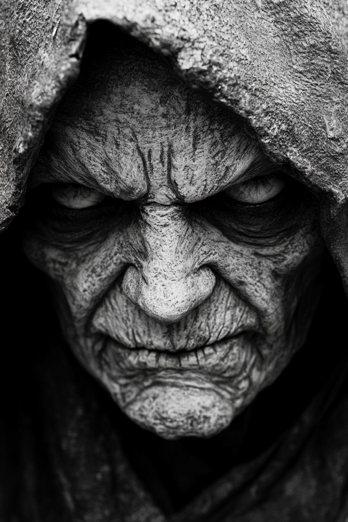 Angel of death close-up portrait wise and ancient thick eyebrows crooked mouth frightening smile extremely detailed with every wrinkle seen distinctly