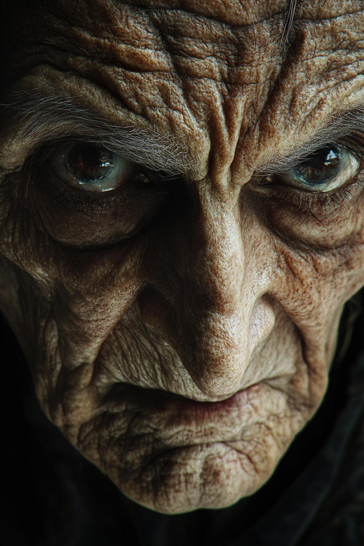 Angel of death close-up portrait wise and very old thick eyebrows crooked mouth frightening smile extremely detailed with every wrinkle seen distinctly full colour mystery desperation hopelessness