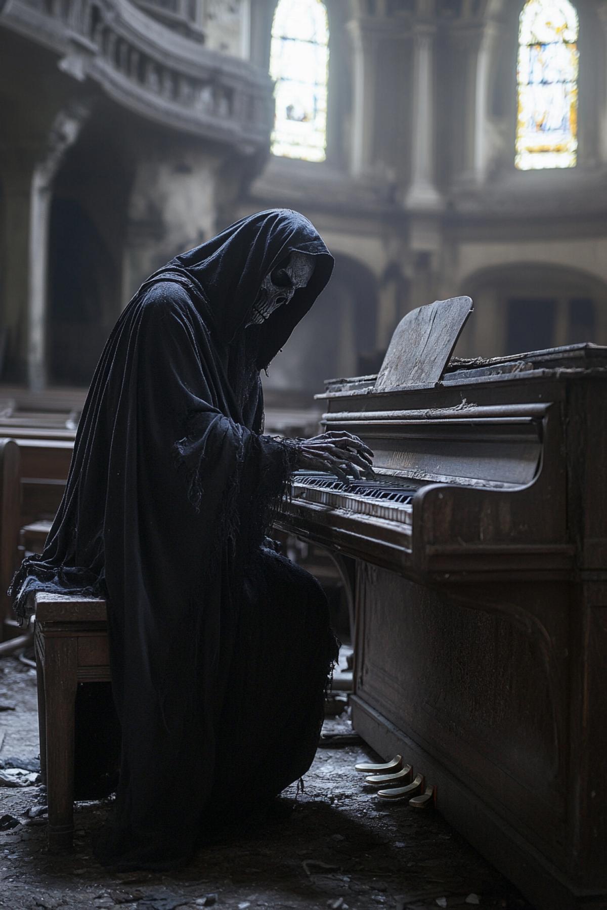 grim reaper playing the piano in an abandoned church, hyper realistic photography, atmospheric, magical light