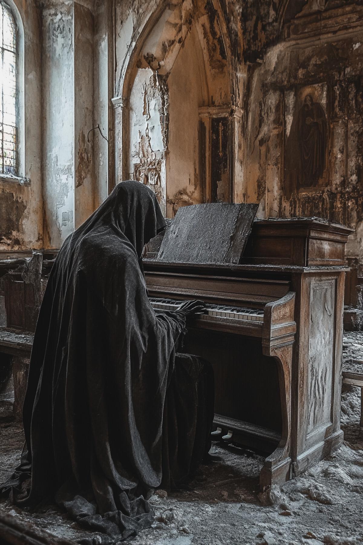 grim reaper playing the piano in an abandoned church, hyper realistic photography, atmospheric, magical light