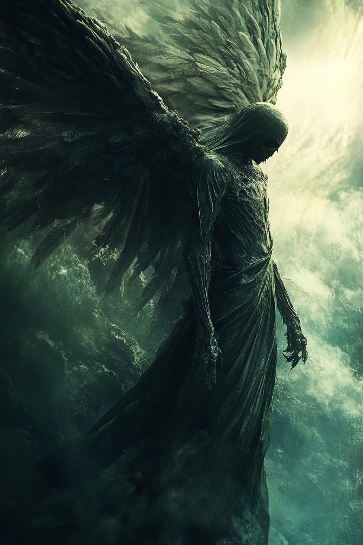 Angel of death, darkness, mystical, magical, atmospheric, dramatic, photorealistic, epic, dynamic