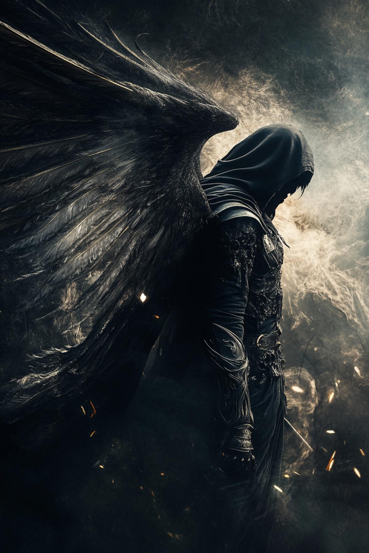 Angel of death, darkness, mystical, magical, atmospheric, dramatic, photorealistic, epic, dynamic