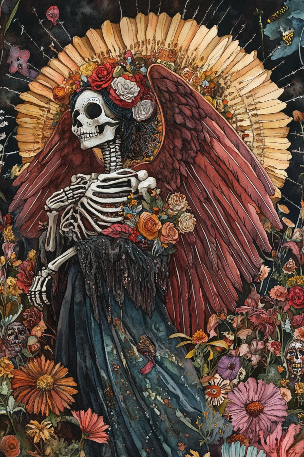 Angel of Death in Mexican Day of the Dead style, highly detailed large scale watercolor