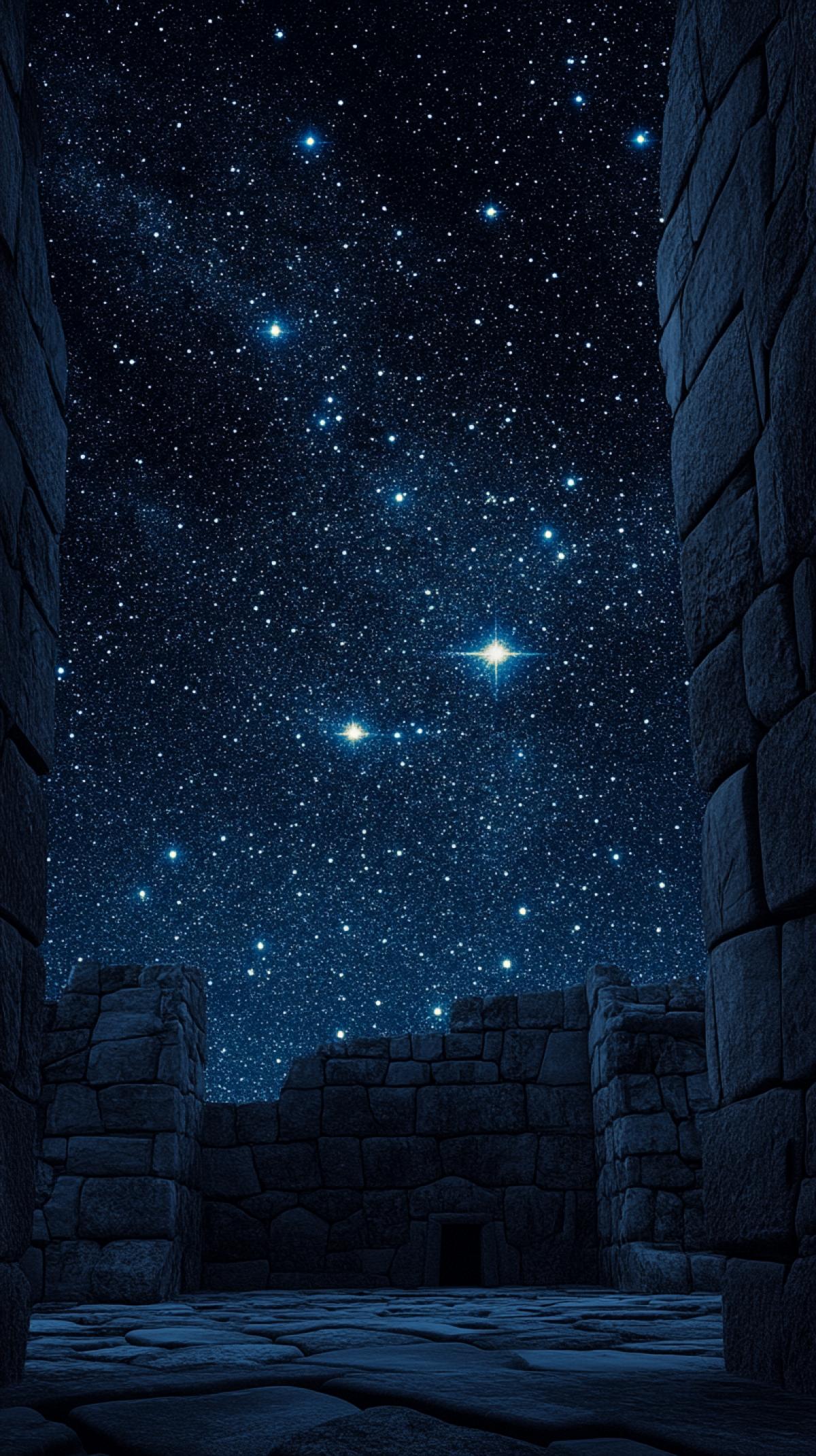 a great view of asterism pleiades in the night sky fromxvi century inca sacsayhuaman, Cusco. Majestic scene. Digital art detailsonterough-edged flat brush style