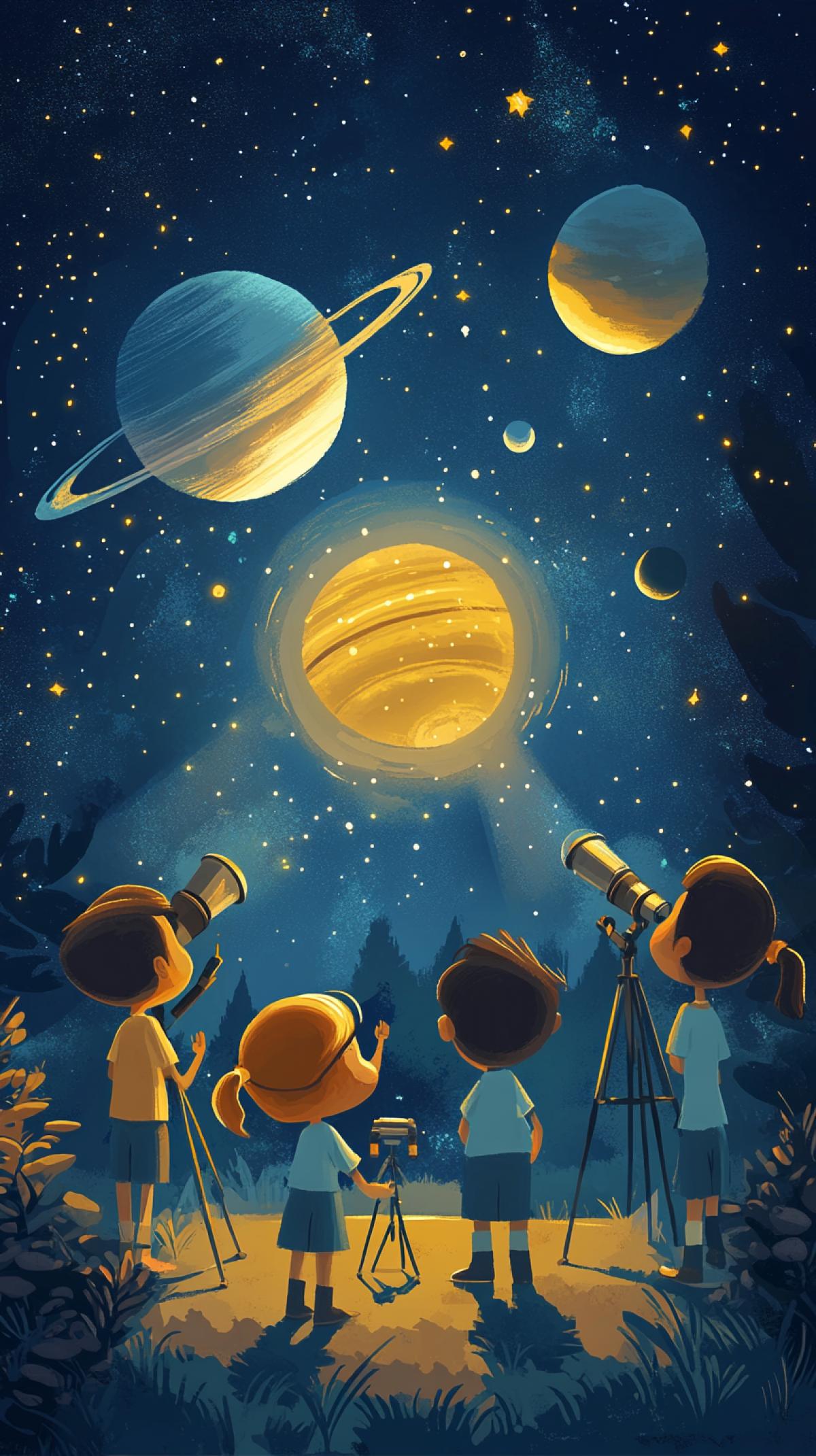 15. Join the fun with a group of friendly cartoon astronomers as they celebrate Astronomy Day under a starry night sky, complete with telescopes, planet models, and lots of laughter and camaraderie