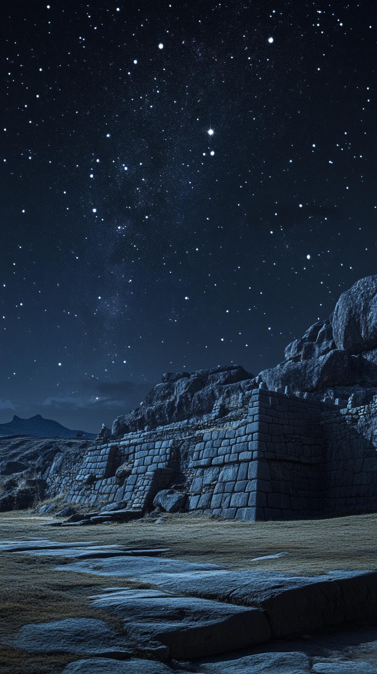 a great view of asterism pleiades in the night sky fromxvi century inca sacsayhuaman, Cusco. Majestic scene. Digital art detailsonterough-edged flat brush style