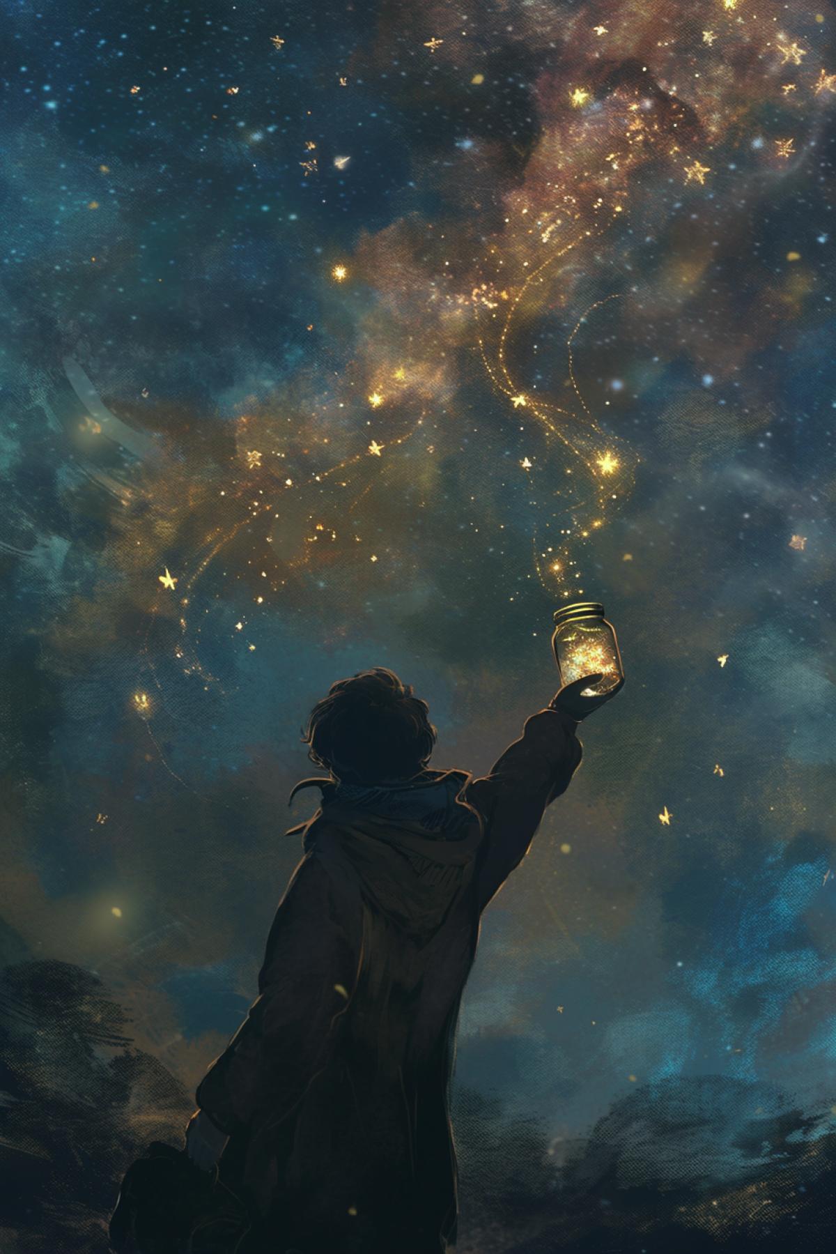 young guy holds a jar in his hand from which stars fly out into the night sky, night, view from the back, fantasy, by Jakub Rozalski,Keith Thompson, close up