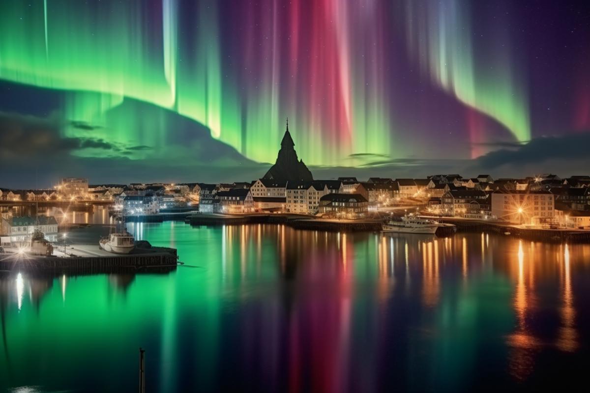 Magical northern lights at night in the Faroe Islands, colorful northern lights