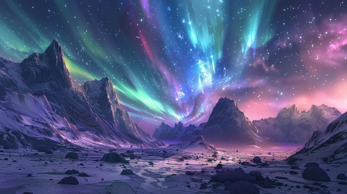View of the sky on an alien planet, northern lights, comets, other planets,