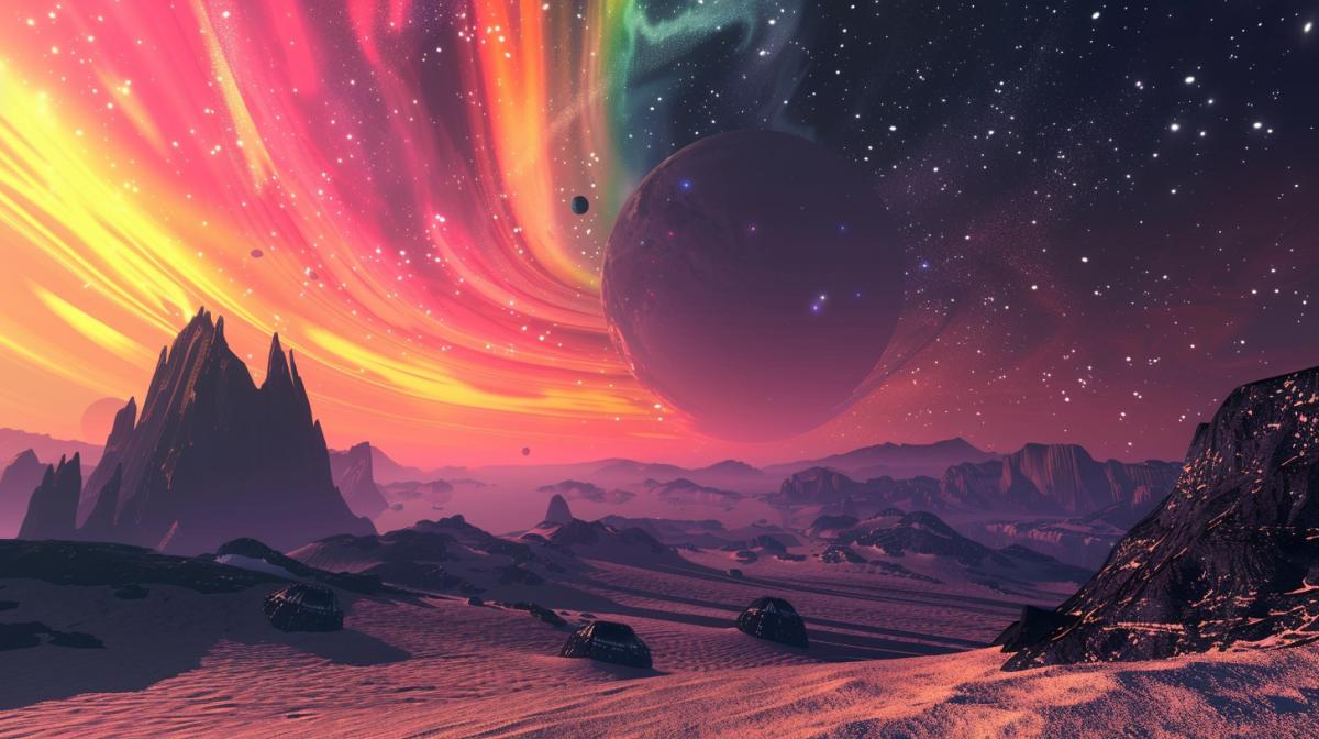 View of the sky on an alien planet, northern lights, comets, other planets,