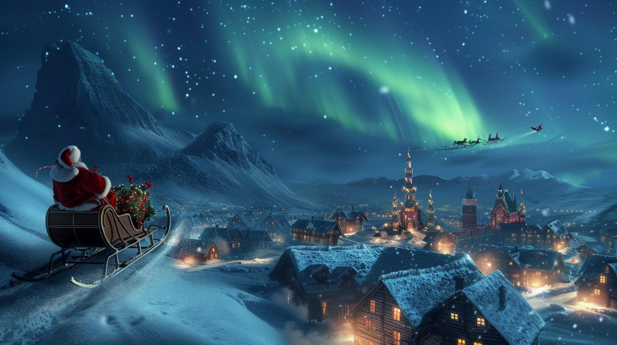 Santa Clauss sleigh over a snow-covered town at night against the backdrop of the polar lights