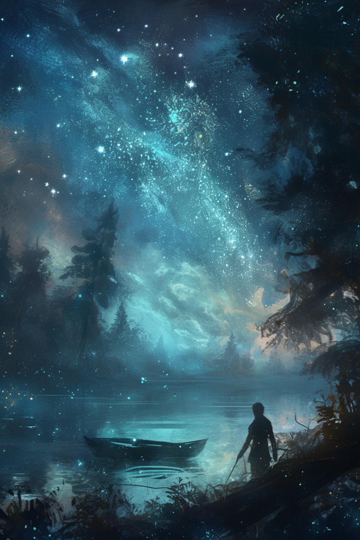 a guy on the shore of a lake in which the starry sky is reflected, night,reflection of the night starry sky in the lake, light magical glow of the stars, faint blue reflection of the starry sky in the water , forest, fantasy style, by Jakub Rozalski, Stefan Koidl