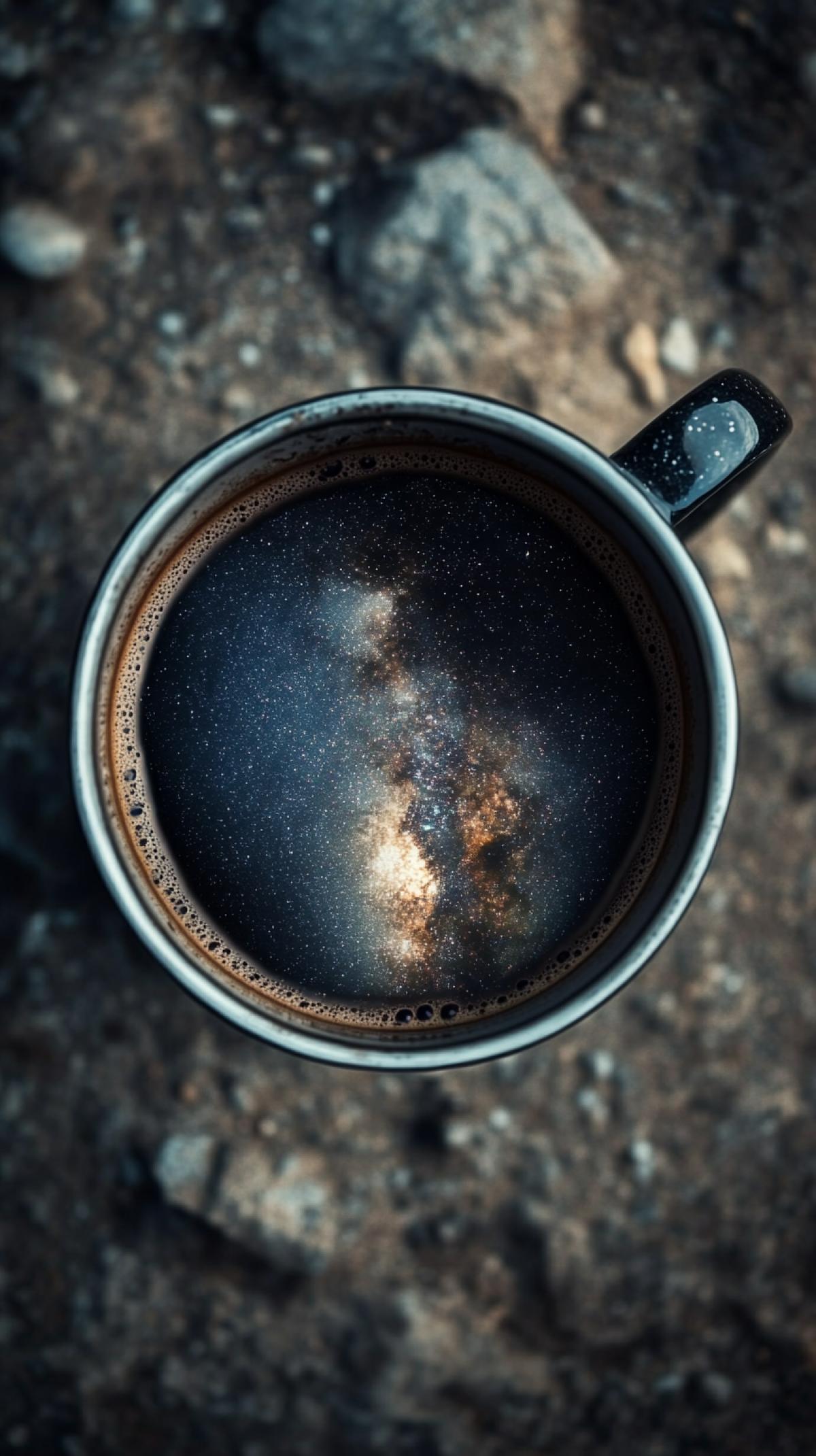 Incredible beauty and depth of the night sky inside a coffee cup, view from above