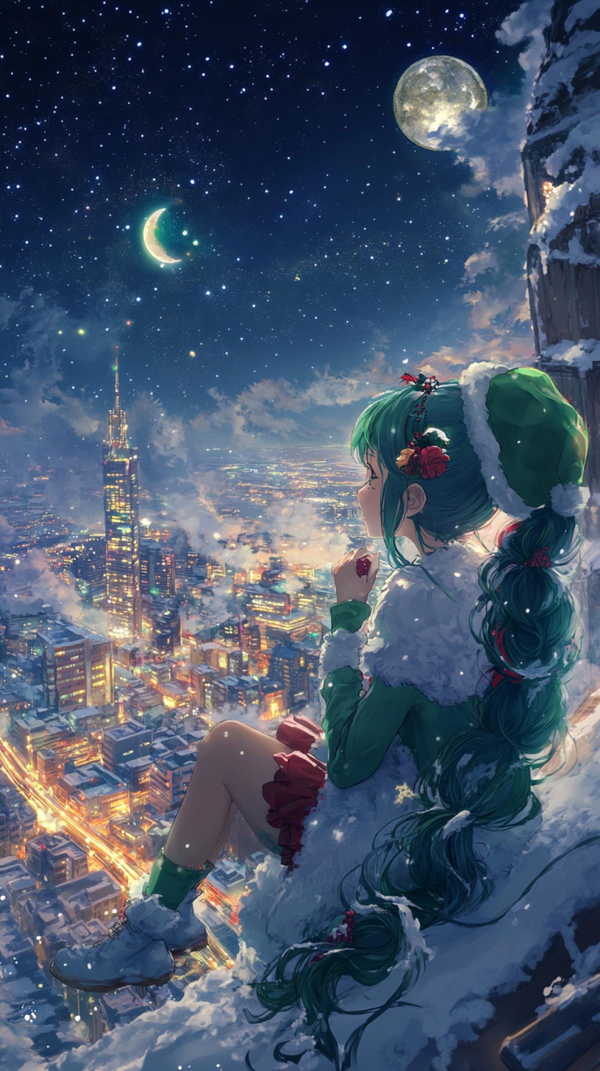 1girl, bow, braid, closed eyes, fake screenshot, gloves, green hair, hair ornament, letterboxed, long hair, microphone, moon, music, open mouth, singing, smile, solo, subtitled, very long hairabove clouds, astronaut, aurora, campfire, castle, chimney, christmas, city, city lights, cityscape, clock tower, cloud, cloudy sky, constellation, crescent moon, dango, desert, earth (planet ), fireflies, full moon, galaxy, hill, horizon, letterboxed, light particles, milky way, moon, moonlight, mountain, mountainous horizon, night, night sky, onsen, planet, red moon, reindeer, rocket, rooftop, shooting star, sky, skyline, skyscraper, snowing, solo, space, space craft, space helmet, spacesuit, star (sky ), star (symbol ), starry background, starry sky, starry sky print, sun, tanabata, tanzaku, tel