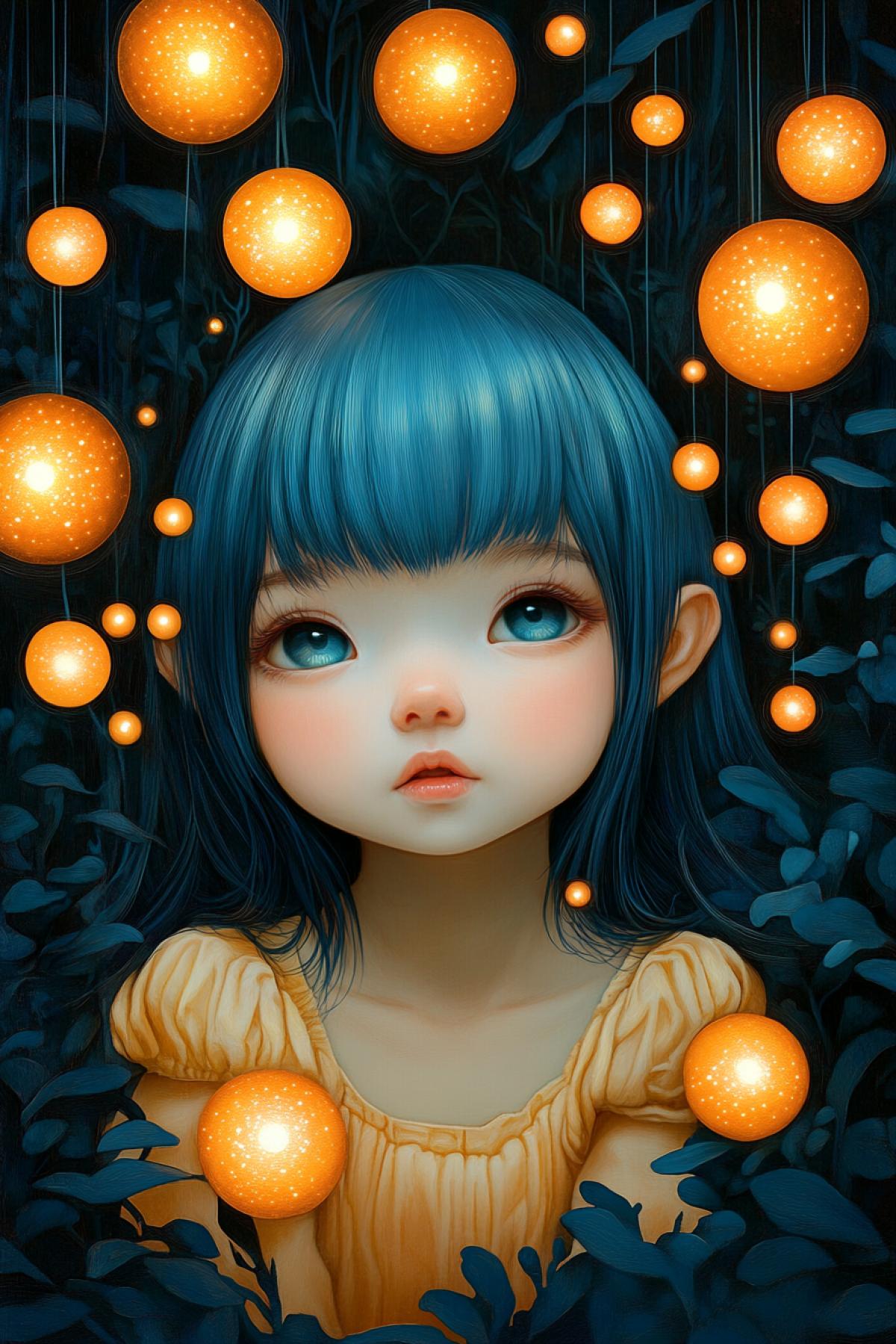 hypermaximalist watercolor portrait beautiful happy child star fairy with blue hair, among alien zoetrope landscape, shining round lights of stars surround her