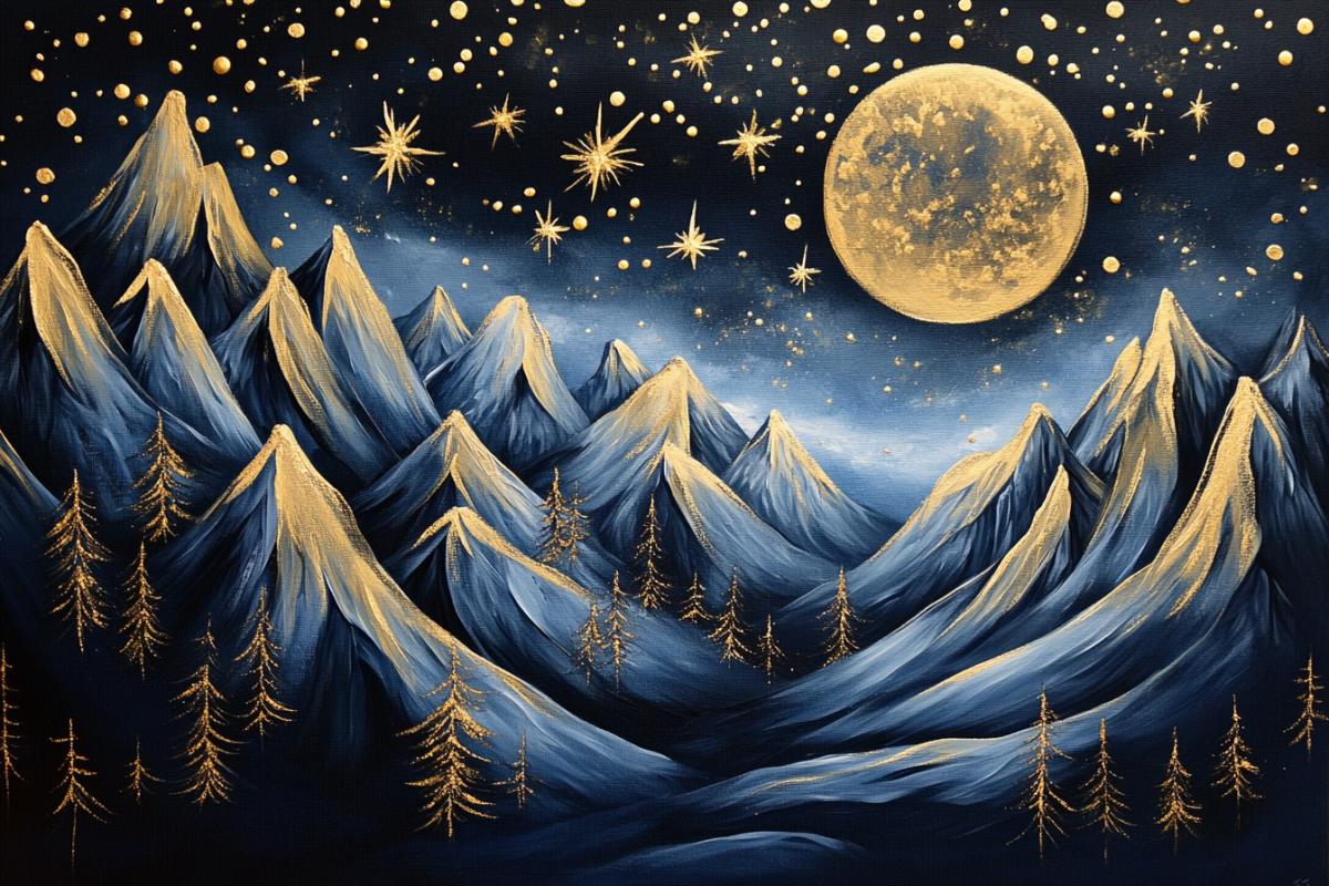Create a mountainscape under a night sky in abstract oil on canvas with gold leaf stars and moon whimsical magical, magica, christmas