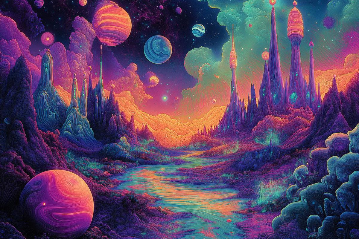 An ultra-high-quality psychedelic landscape of St. Petersburg with vivid, surreal colors and fantastical elements. The scene is a mesmerizing mix of skies, glowing details and planets Saturn and Jupiter, luminescent, otherworldly plants. Key elements such as {Specific_Features} are rendered with exceptional detail. {Animal_Or_Person} adds dynamic movement. Done in the style of Alex Grey for maximum detail and a vibrant color palette. style raw ar 16:9 q 2 s 500 sref https://s1-brainaid.neuroaibot.ru:443/static/7c9c3717-2531-4a92-9b2c-a369ea879acd.jpg