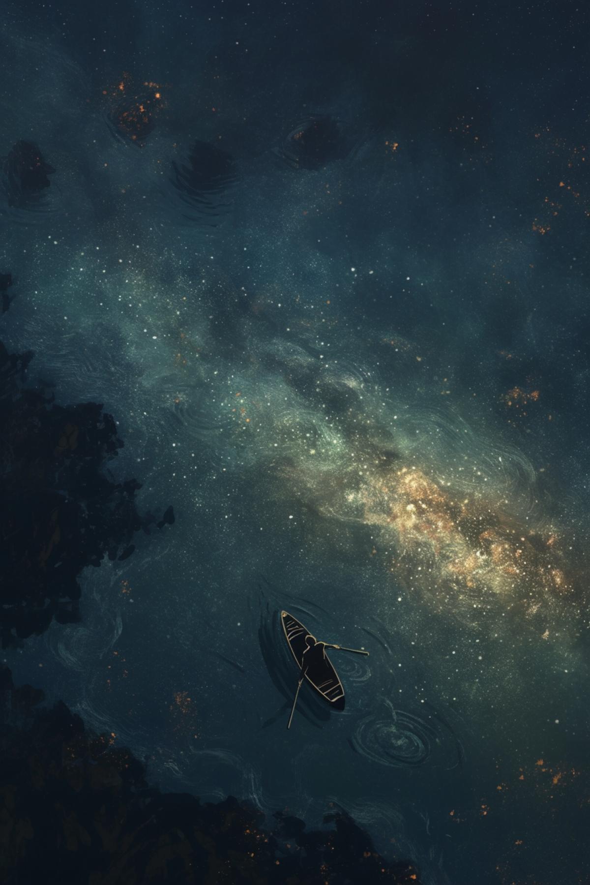 guy floating on the river, river in the form of the universe, reflection of the milky way in the water, waves stars, fantasy style, night, by Jakub Rozalski, Stefan Koidl, top view