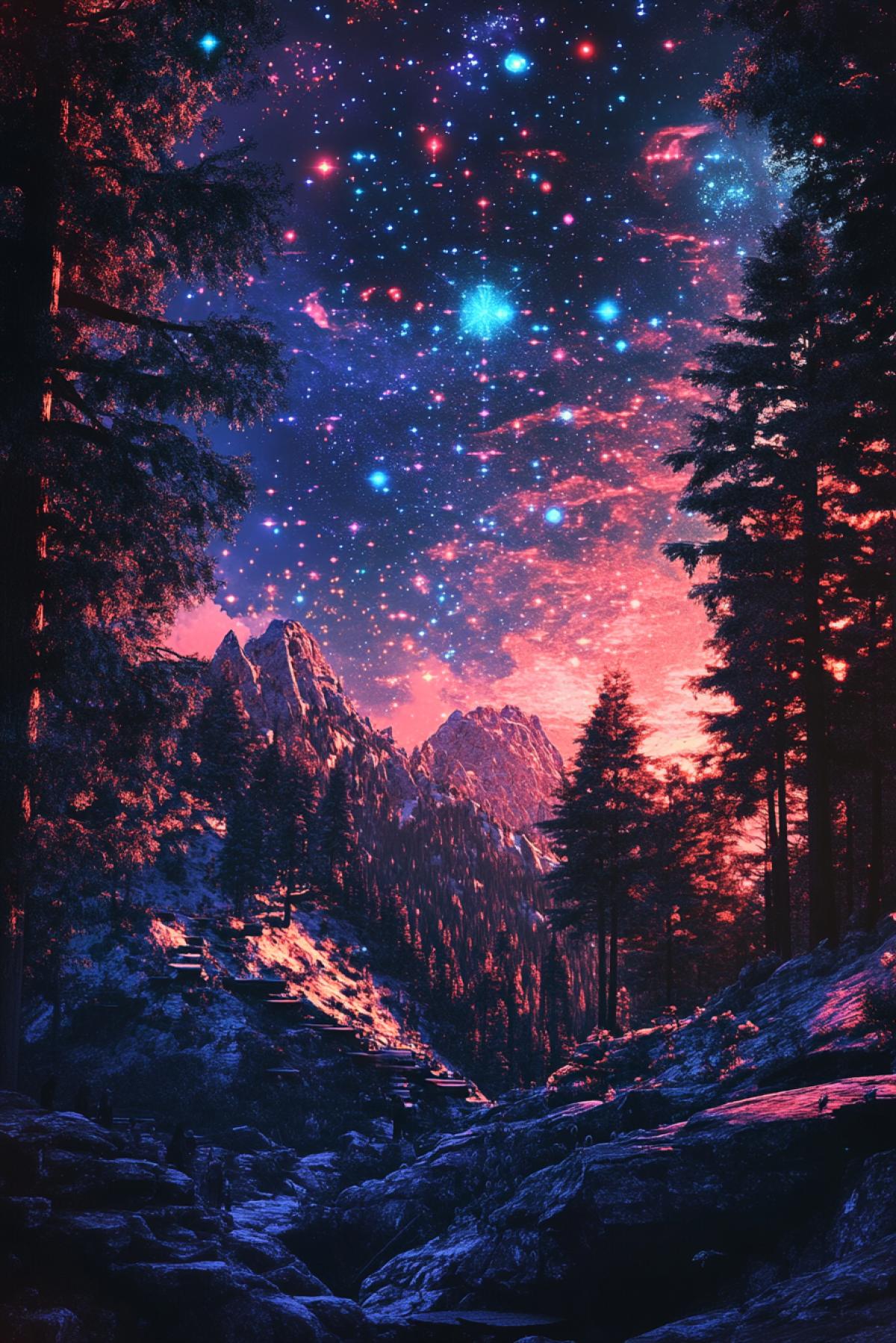 Wonders of the night sky, dream, psychedelic, maximalism, flickering, realistic image, photoshop