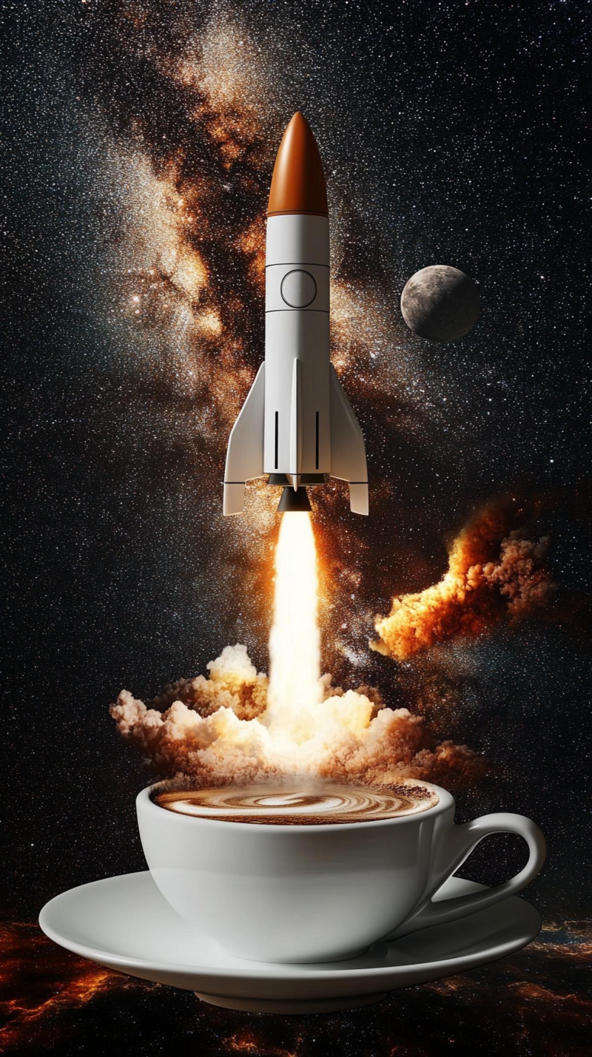 a rocket launches from a cosmic transparent coffee cup, epic space, stars, Milky Way, whirlpools, warm palette, professional photo