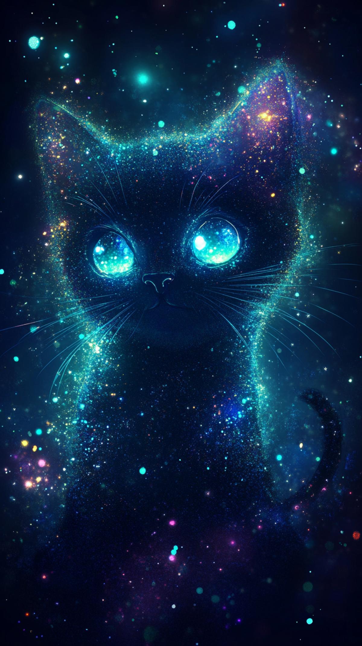 Galaxy cosmic chibi cat,skin ( , face) and hair com4kd entirely of dispersed tiny star particles, eyes emit intense glowing light, surreal digital art, silhouette against a void dark background, design features multiple delicate overlapping images resembling ethereal sketches, ultra-high resolution HDR, vibrant color palette, glow and sparkle effects, iridescent, luminous, quality, masterpiece aesthetic, vibrant colors, ultra-fine detail.,reminiscent of tim burtons and sam ya