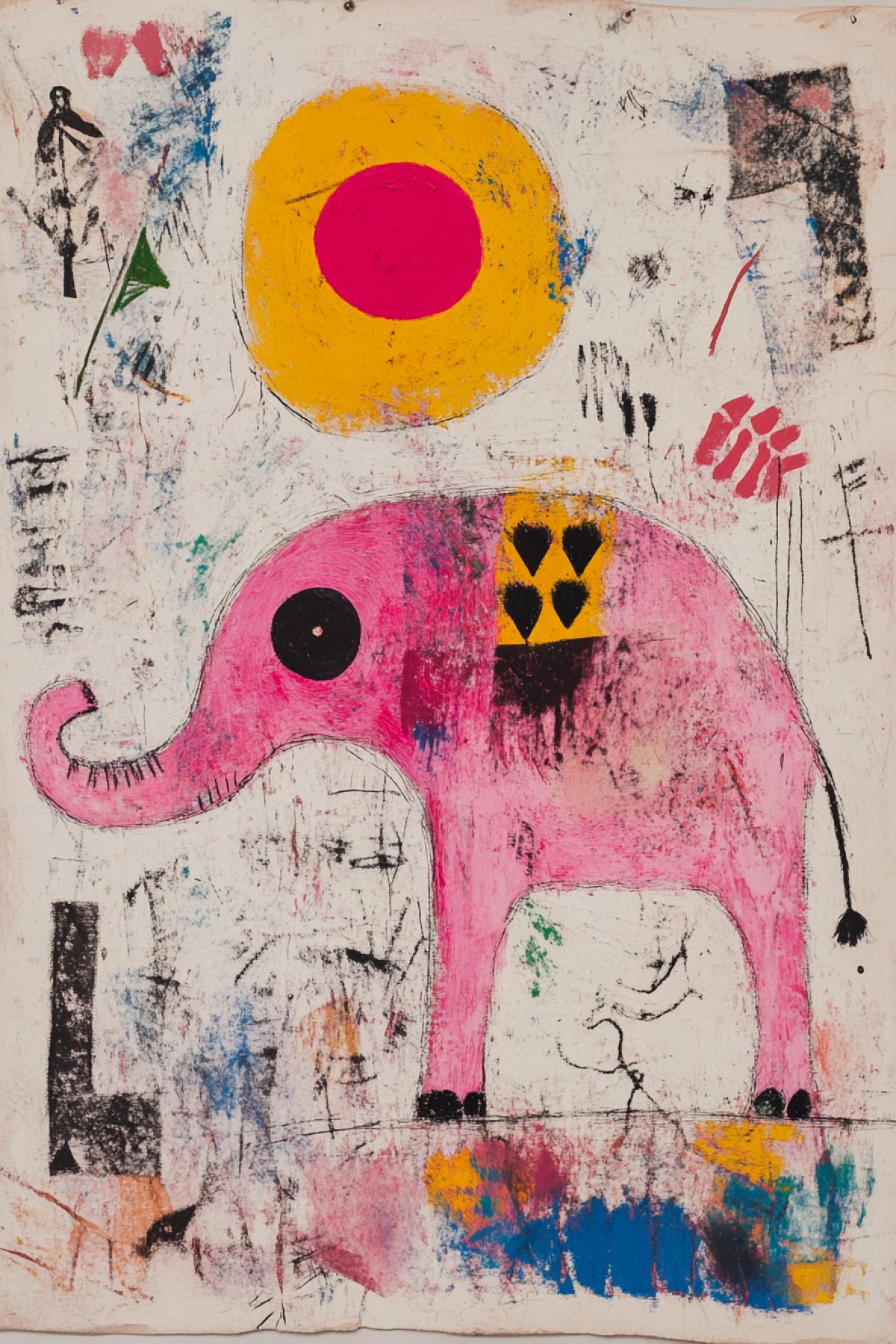 Pink elephant, In the style of Joan Miró, freedom of imagination