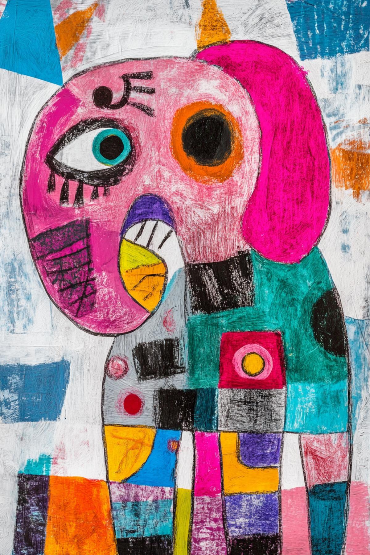 Pink elephant, In the style of Joan Miró, freedom of imagination