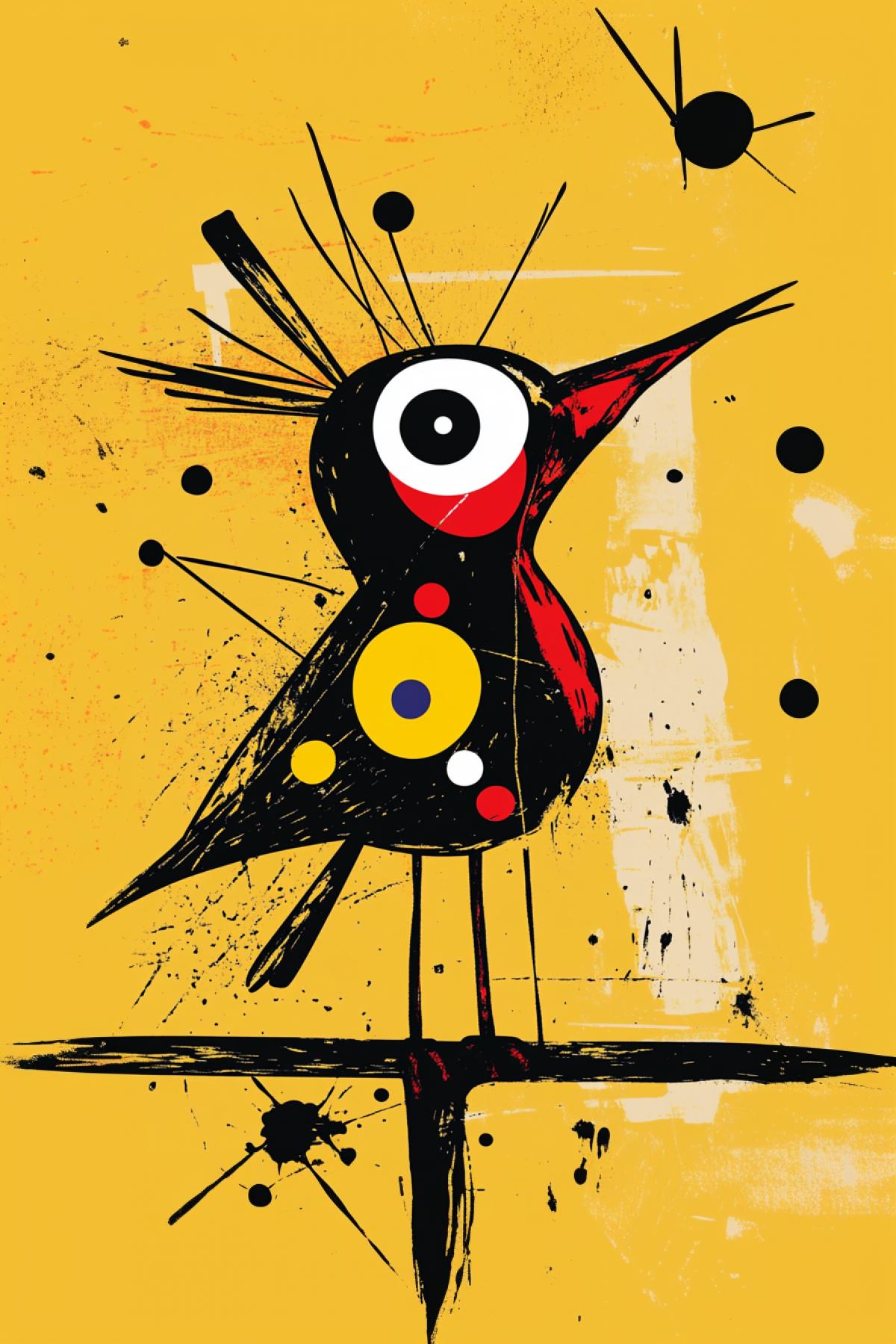 sparrow punk In the style of Joan Miró, freedom of imagination, maximalism, flickering