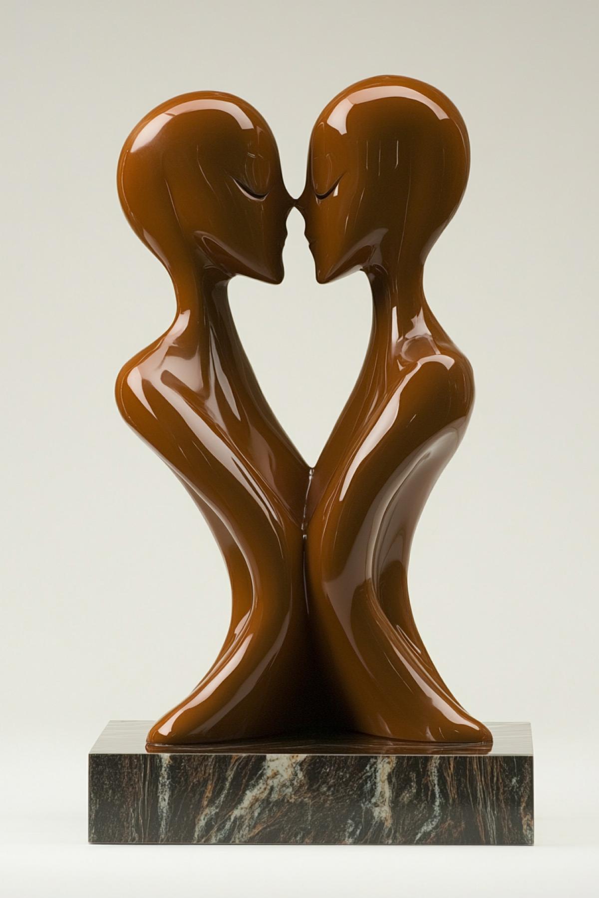 Couple male and female in love Joan Miros abstract sculpture brown clay shine gloss on glass podium scenic light
