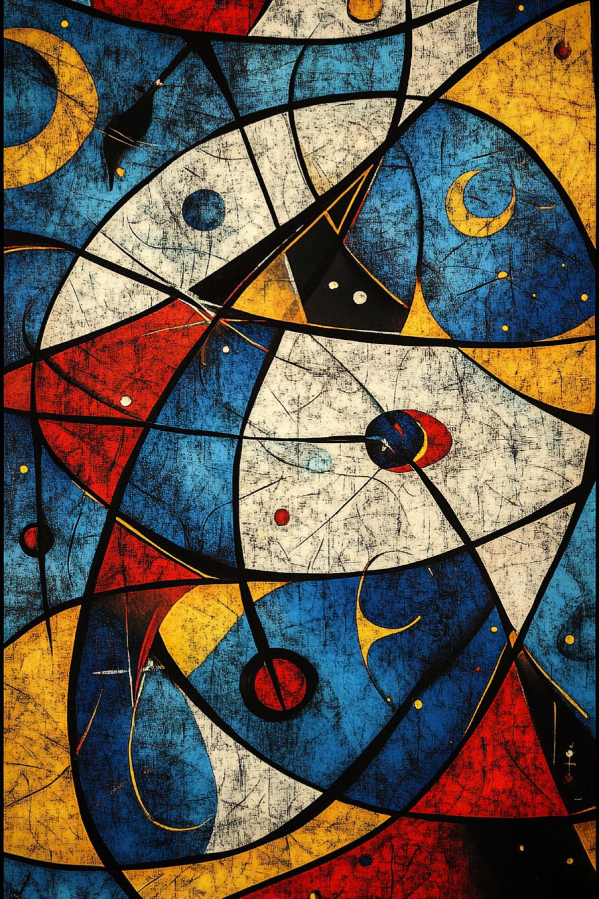 Cosmic dance in the style of Joan Miró. Bright, contrasting colors blue, red, yellow merge into abstract figures reminiscent of stars, planets and dancing constellations. dark lines intertwine between the figures, creating a sense of movement and interaction between the elements. The picture conveys cosmic harmony, as if the universe is moving to the beat of unknown music.