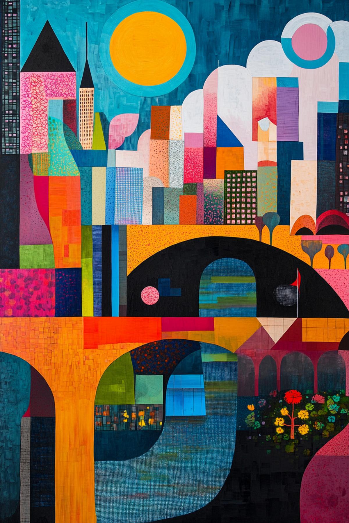 Visualize an abstract big city landscape in the style of Joan Miró. Skyscrapers, bridges and roads are transformed into whimsical shapes with vibrant blocks of color, while geometric shapes interact with elements of nature trees, rivers and clouds transformed into surreal symbols. All this creates a unique urban rhythm.
