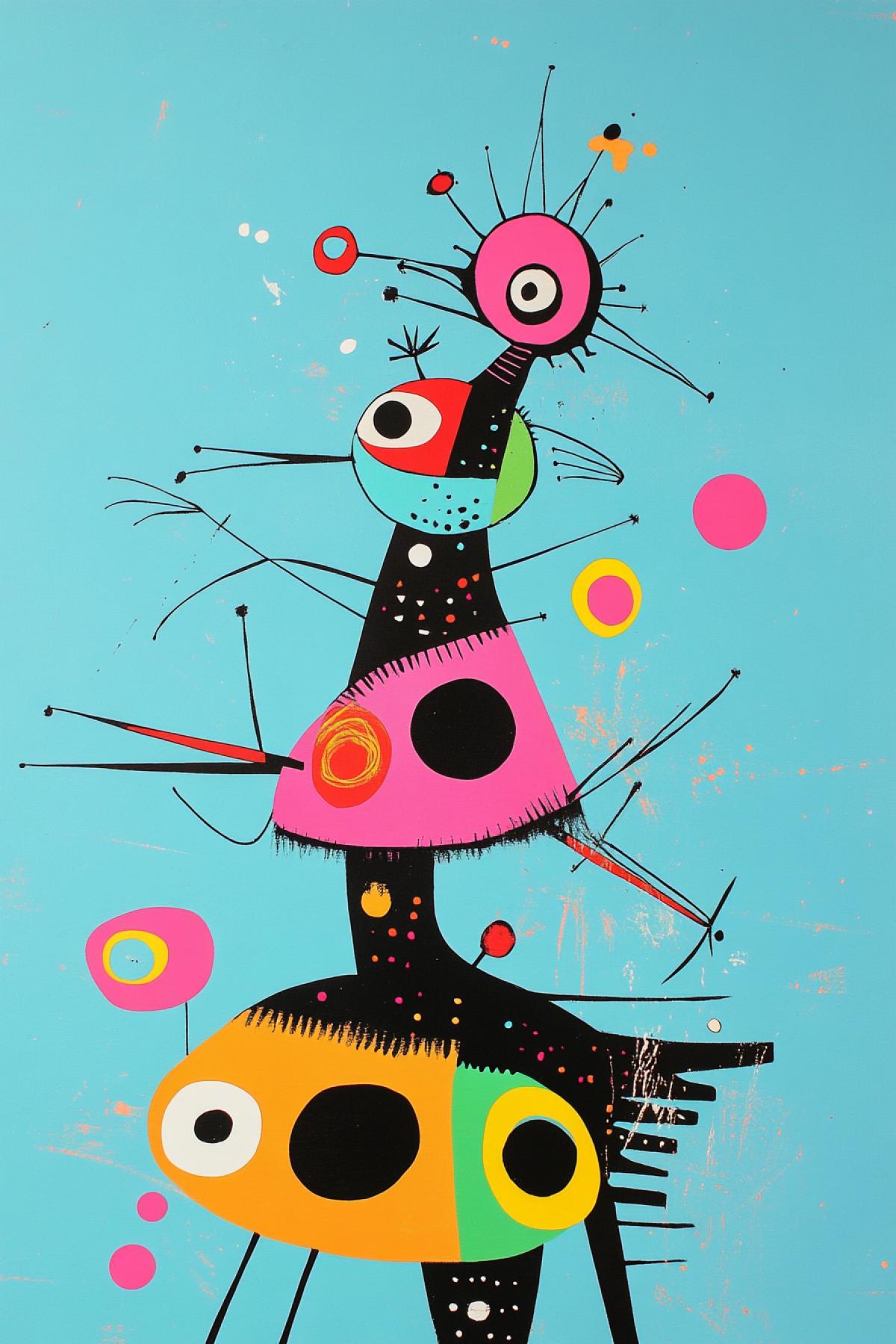 Fantastic and abstract creatures, as if taken from ancient myths, but reinterpreted in the style of Miro. Their bodies are com4kd of simple geometric shapes and bright colors, with dark lines creating a sense of movement. The creatures interact with each other, creating a sense of play and magic against the backdrop of a clear, sky-blue space.