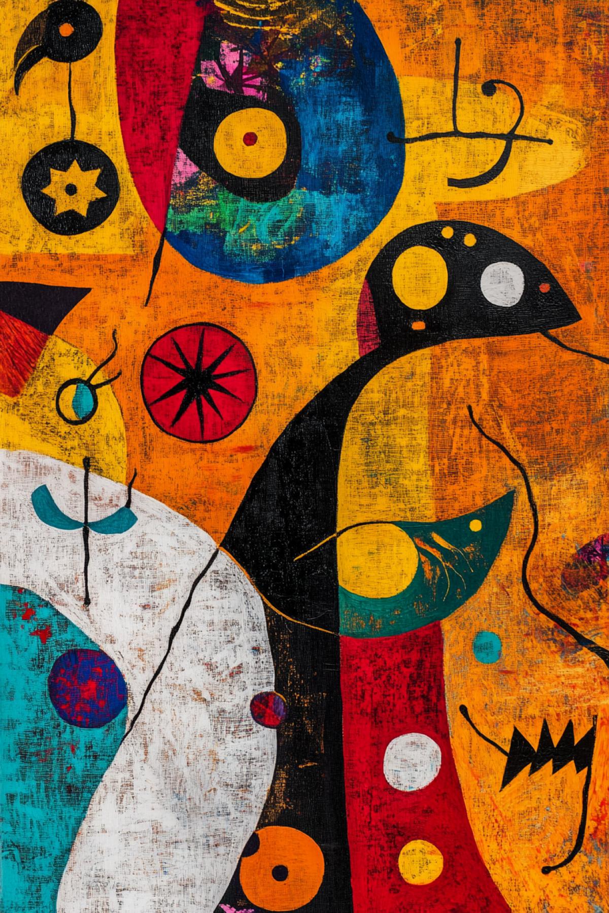 Landscape of the soul in the style of Joan Miró, personify human emotions through abstract shapes and bright, expressive colors. Lines, circles and unknown figures symbolize different states of the mind and heart joy, sadness, dreaminess. All this is permeated with a unique harmony and lightness, characteristic of Miro’s style, where every detail seems to float in space.