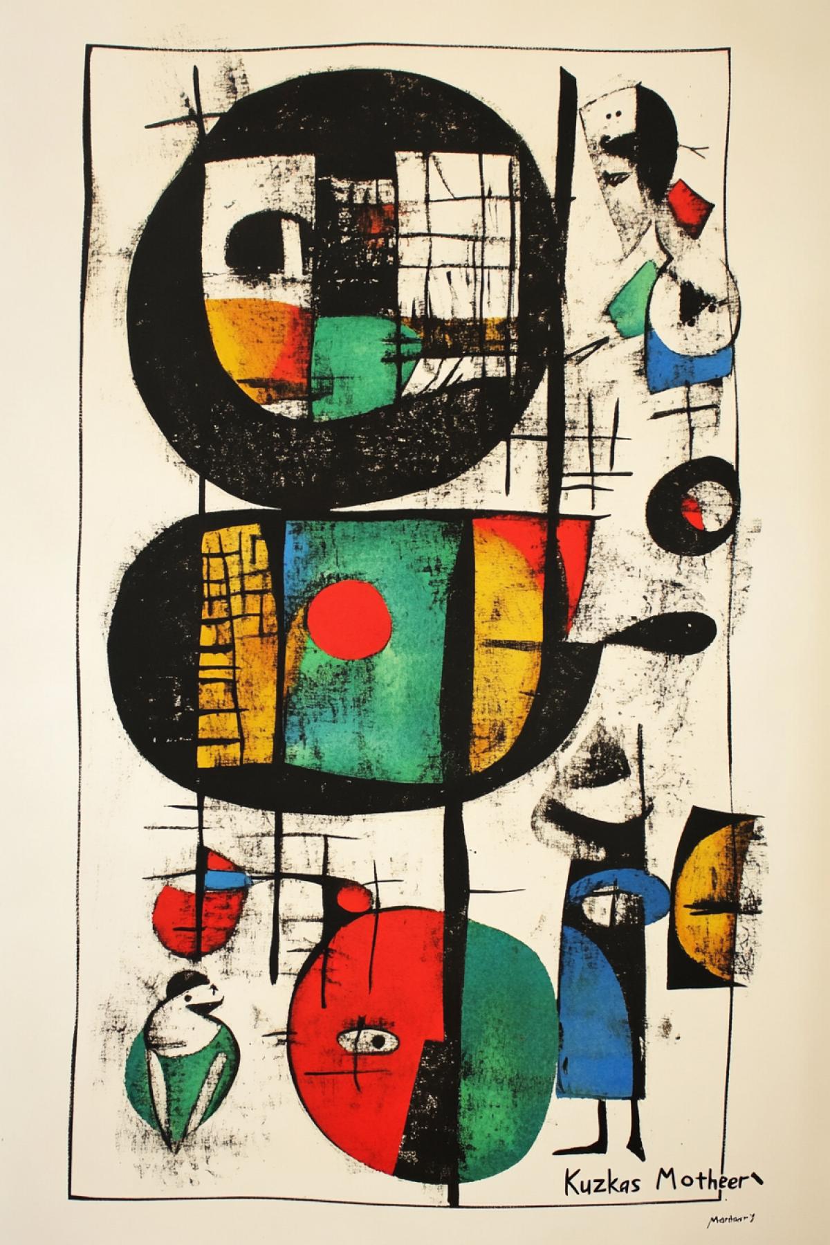 A painting reminiscent of a work by Joan Miró, set against a white background. It depicts Nikita Sergeyevich Khrushchev showing \"Kuzkas Mother\" to avant-garde artists.