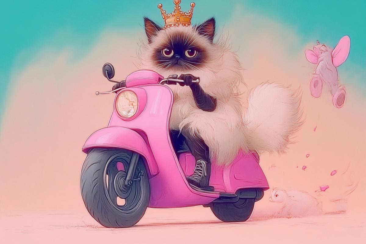 Princess cat wearing a crown rides a pink motorcycle