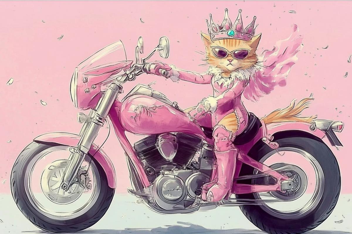 Princess cat wearing a crown rides a pink motorcycle