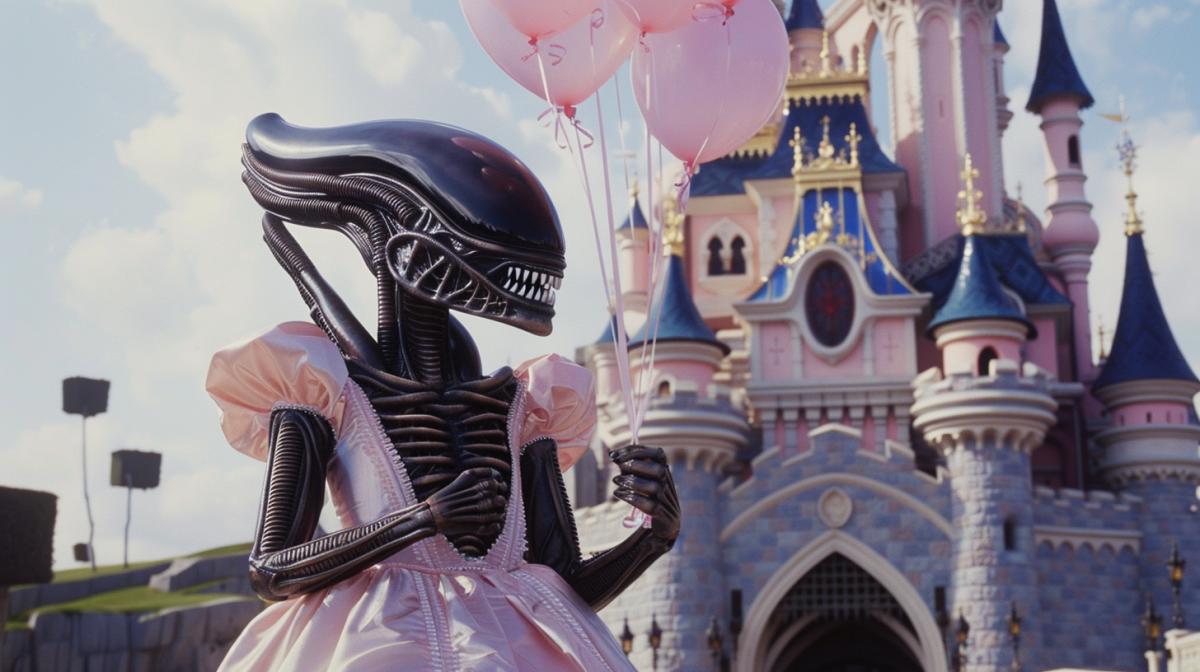 Princess xenomorph from the Alien cinematic universe in a pink dress with cute balloons against the backdrop of the Disney castle, the atmosphere of a childrens romantic film, high quality, maximum details