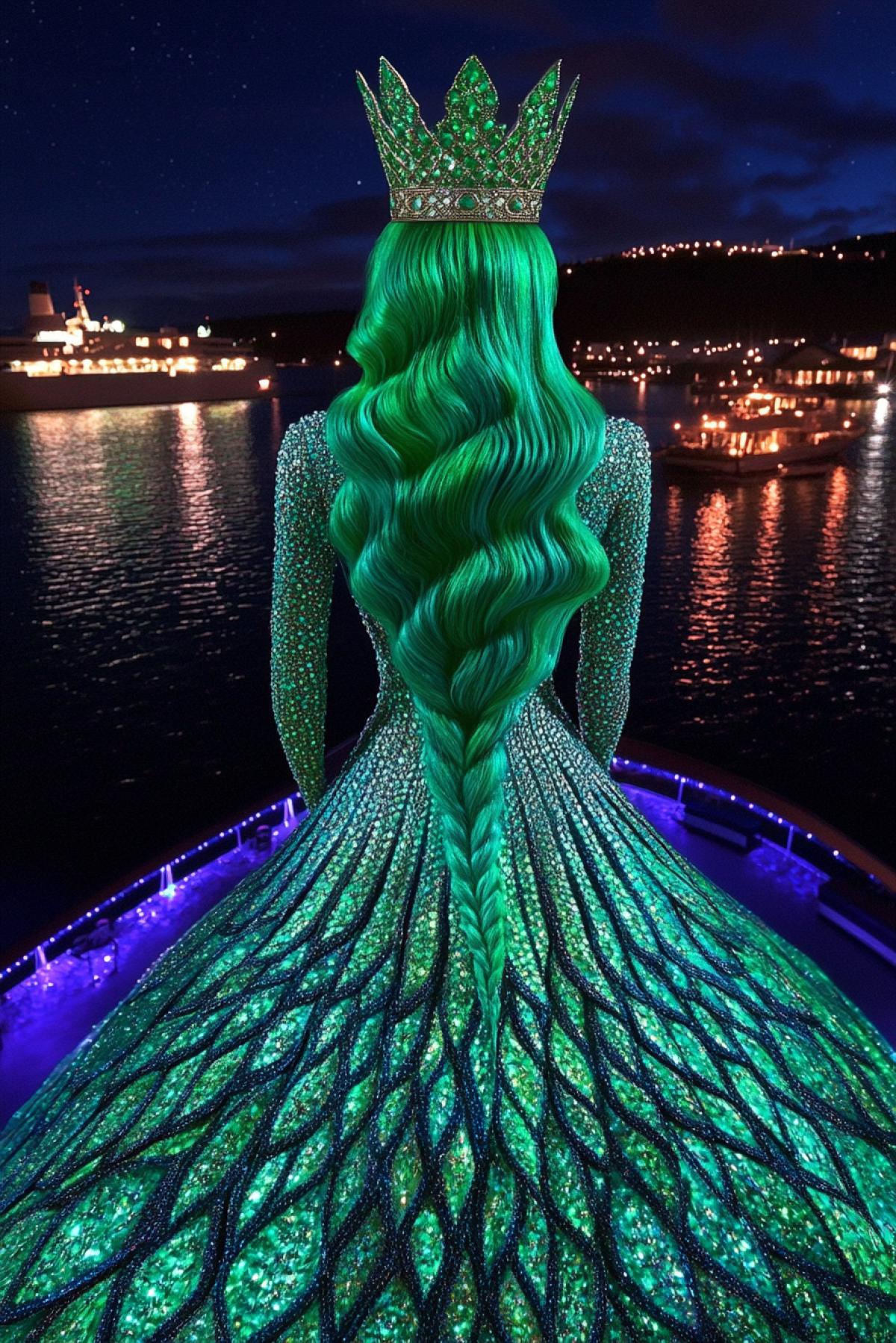 A princess wearing a crown with green hair in a very beautiful dress with emeralds, at night in the middle of the northern lights, dramatic shot
